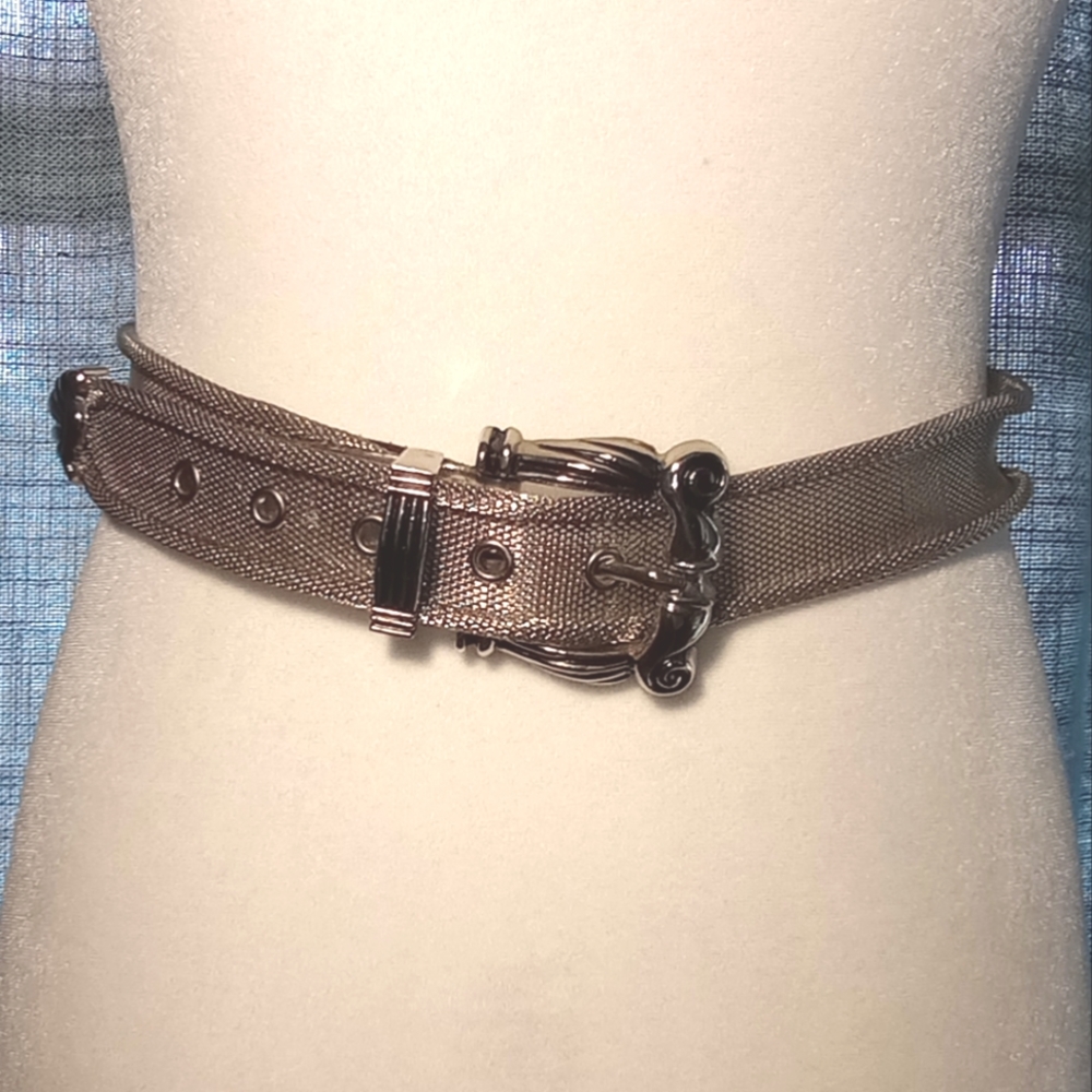 Vintage 80's Donna Katz Silver Chain Silver Leather Trim Women's Belt Size 33" M
